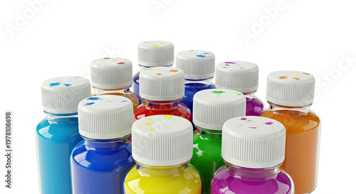 Collection of colorful paint bottles with splattered caps