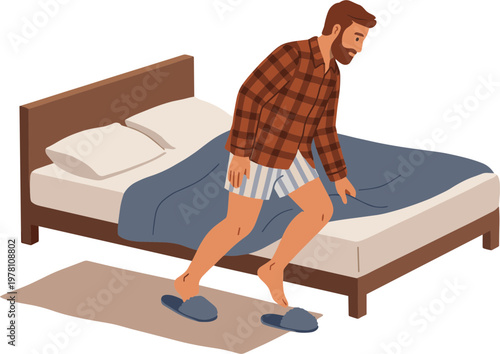 Man getting into bed in a cozy bedroom with brown furniture