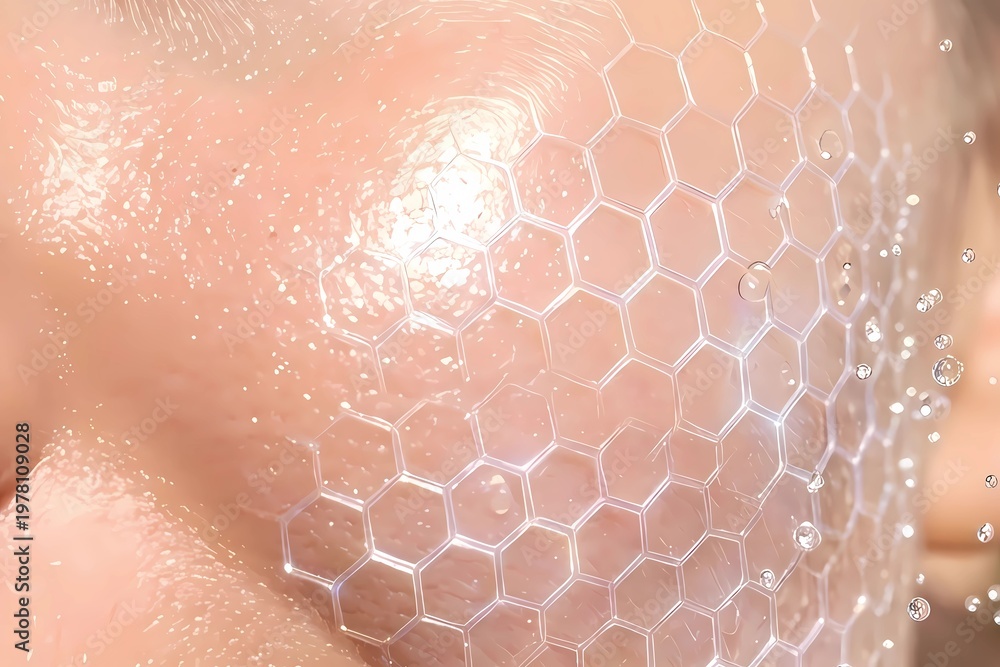 Fototapeta premium Macro skin texture with protective hexagonal moisture barrier and water droplets