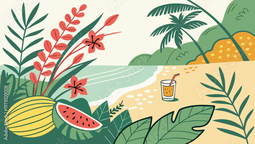 Summertime holiday vector design with beach, colorful tropical flowers.