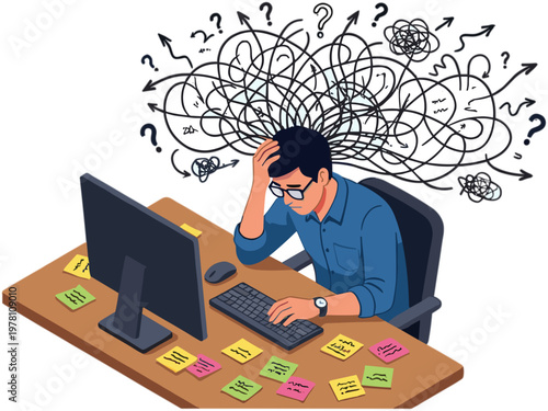A frustrated man sits at his cluttered desk, surrounded by sticky notes, with confused thoughts swirling above his head.