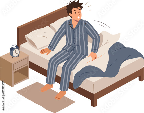 Man wakes up in bed with alarm clock ringing on nightstand