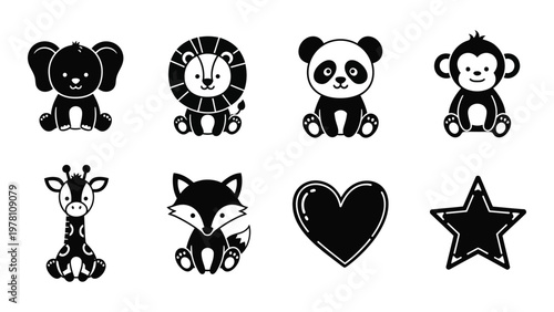 A collection of black and white cartoon icons depicts various animals a heart and a star arranged in a grid