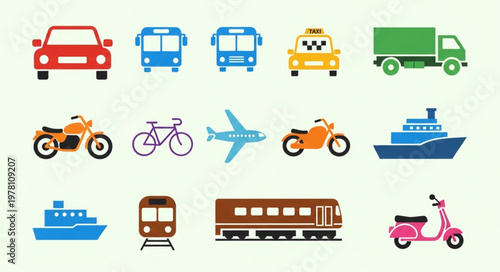 Collection of colorful transportation vehicles and modes of travel.