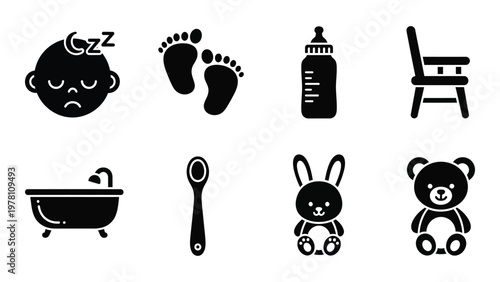 A collection of black silhouette icons depicts baby related items like a sleeping infant footprints and toys high quality professional detailed