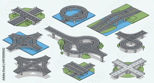 Isometric Highway Interchange Collection Transportation Infrastructure.
