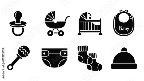 A collection of black silhouette icons depicting various baby essentials including a pacifier stroller and clothing high quality professional detailed modern