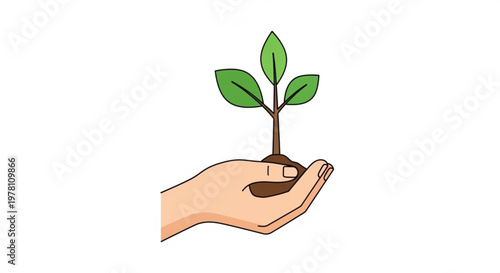 Hand holding small green plant with soil and leaves symbolizing growth and nurturing in a simple illustration