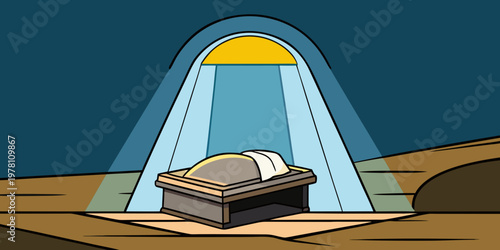 Empty tomb with burial cloth illuminated by divine light, symbolizing resurrection