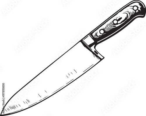Butcher knife (Specialty traditional knife) Hand-drawn Sketch Drawing Vector Illustration, Line Linear Symbol Black and White Engraving, Isolated