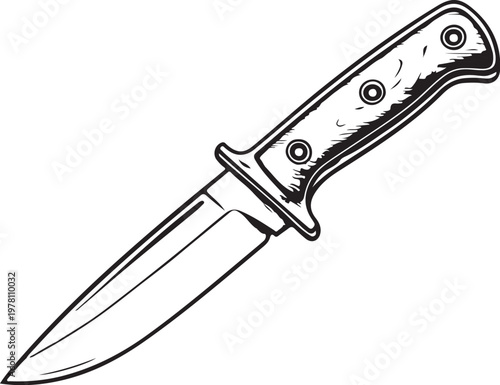 Fixed blade knife (Outdoor & utility knives) Hand-drawn Sketch Drawing Vector Illustration, Line Linear Symbol Black and White Engraving, Isolated