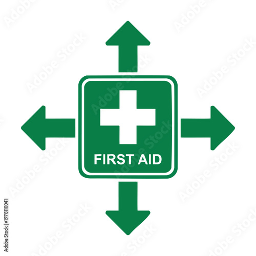 Green first aid sign with arrows pointing four sides.