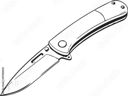 Folding knife (Outdoor & utility knives) Hand-drawn Sketch Drawing Vector Illustration, Line Linear Symbol Black and White Engraving, Isolated