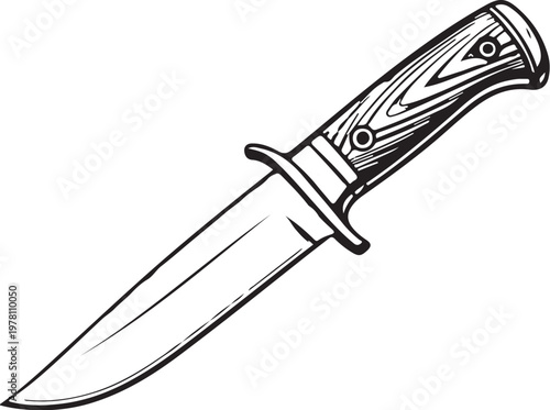 Hunting knife (Outdoor & utility knives) Hand-drawn Sketch Drawing Vector Illustration, Line Linear Symbol Black and White Engraving, Isolated