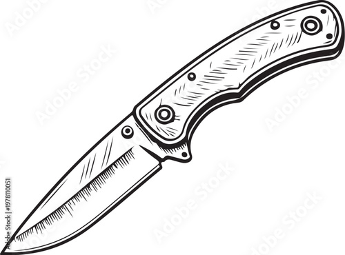 Folding knife (Outdoor & utility knives) Hand-drawn Sketch Drawing Vector Illustration, Line Linear Symbol Black and White Engraving, Isolated