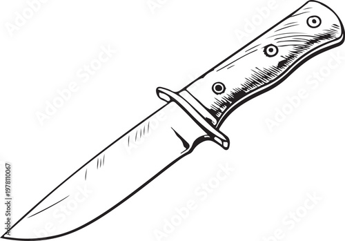 Hunting knife (Outdoor & utility knives) Hand-drawn Sketch Drawing Vector Illustration, Line Linear Symbol Black and White Engraving, Isolated