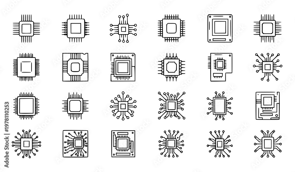 Obraz premium Electronic board and chip architecture icons – outline vector set