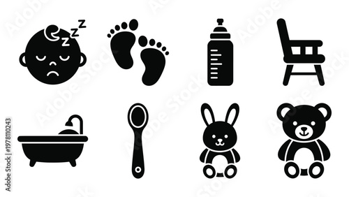 A collection of black silhouette icons depicts baby essentials like a sleeping infant bottle and toys high quality professional detailed modern