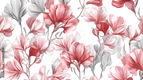 Seamless romantic floral pattern with red and gray flowers