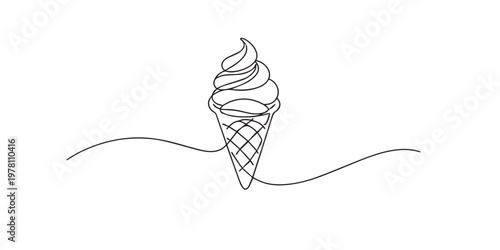 single line ice cream cone.continuous line drawing of soft serve ice cream in waffle cone.sweet dessert concept.one line vector illustration.