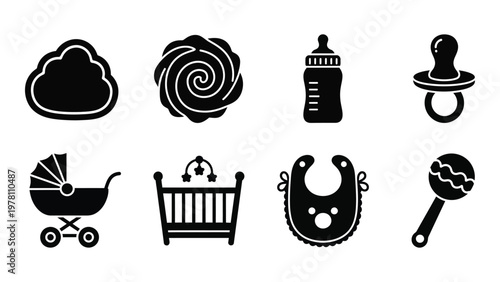 A collection of simple black silhouette icons depicting baby items such as bottles a crib and a pacifier high quality professional