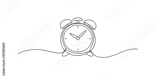 single line alarm clock.continuous line drawing of classic alarm clock showing ringing time.wake up and time management concept.one line vector illustration.