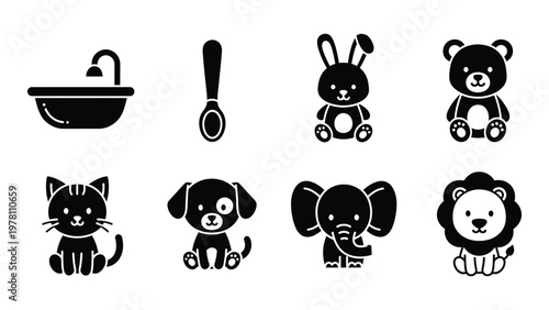 A collection of simple black silhouette icons depicts baby items including bath spoon toys and various animals high quality professional detailed