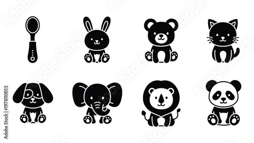 A collection of simple black silhouette icons depicting a baby spoon rabbit bear cat dog elephant lion and panda high quality