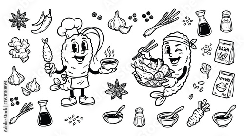 Vintage 1930s Retro Mascot Tempura Japanese Fried Seafood Illustration Set