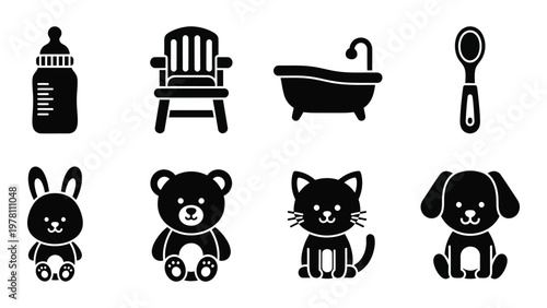 A collection of black silhouette icons depicts baby essentials including toys furniture and care items for newborns high quality professional detailed