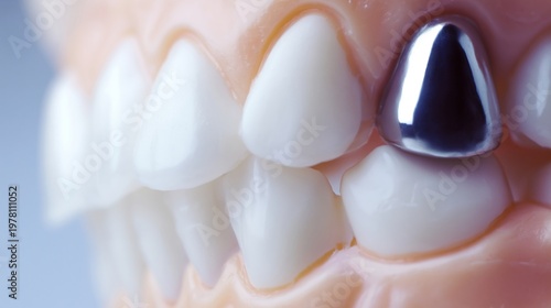 Dental jaw model showing a silver metallic tooth filling