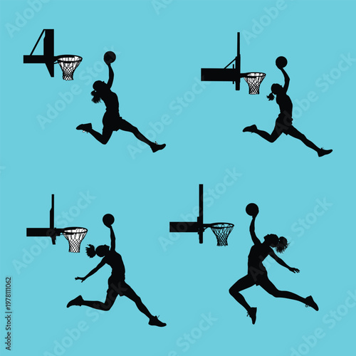 High energy female basketball silhouettes performing slam dunk in four different dynamic poses on bright cyan background