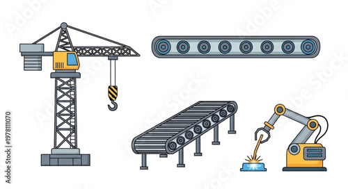 Industrial machinery set with crane conveyor and robot arm.