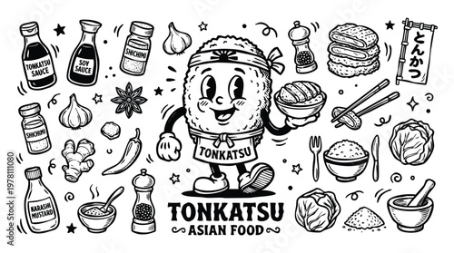 Vintage 1930s Retro Mascot Tonkatsu Japanese Fried Pork Cutlet Illustration Set