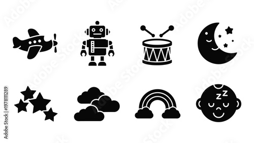 A collection of black silhouette icons depicting whimsical childhood themes such as planes robots and dream imagery high quality professional detailed