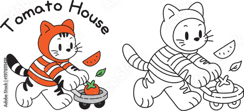 Cute Cat Carrying Tangerine on Cart Cartoon Illustration