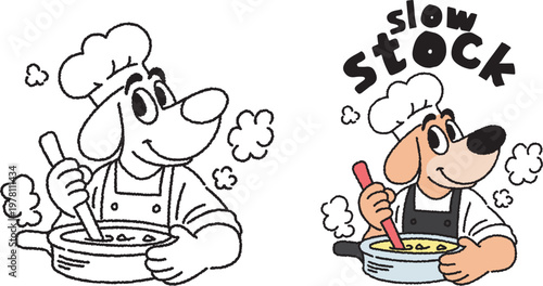 Cute Dog Chef Cooking in Pan Cartoon Illustration