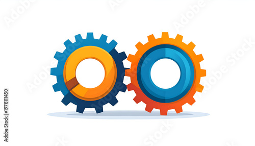 Two interlocking gear wheels with colorful design elements conveying teamwork theme