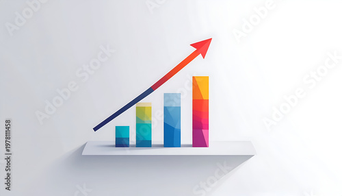 Upward-pointing arrow overlaid on colorful bar graph growth concept in geometric style