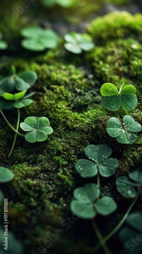 Clover and moss macro with dew drops and soft bokeh background for nature wallpaper and botanical closeup design