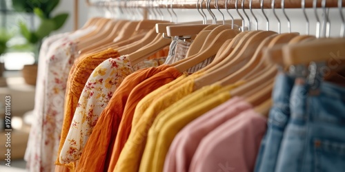 Wooden hanger clothing rack with floral and mustard women's tops for boutique display background and retail banner design
