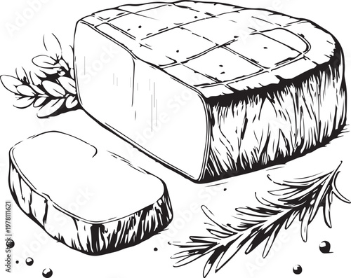 Filet Mignon Steak Hand-drawn Sketch Drawing Vector Illustration, Line Linear Symbol Black and White Engraving, Isolated