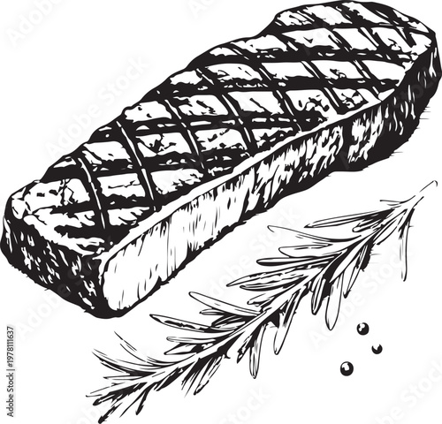 Hanger Steak (Grilled) Hand-drawn Sketch Drawing Vector Illustration, Line Linear Symbol Black and White Engraving, Isolated