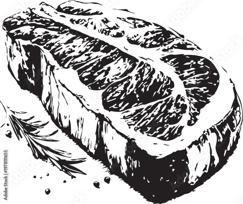 Kobe Beef (Raw) Hand-drawn Sketch Drawing Vector Illustration, Line Linear Symbol Black and White Engraving, Isolated