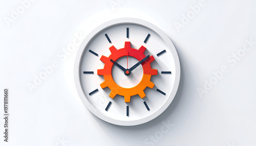 White clock with a gear design and red and orange colors showing ten minutes to two