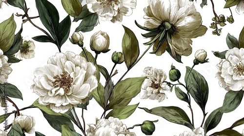 Seamless vintage floral pattern with soft white peonies and green leaves