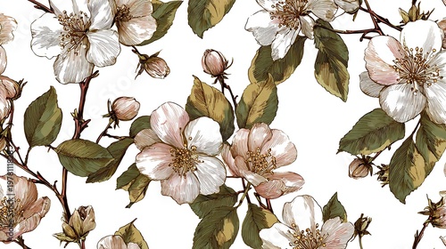 Vintage floral pattern featuring elegant white and pink blossoms