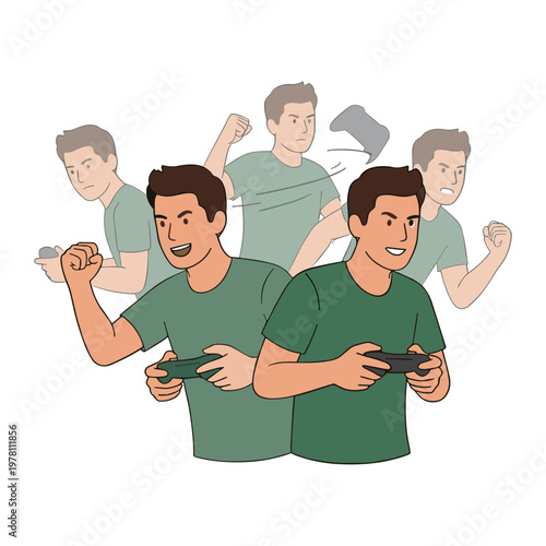 A man celebrates while playing video games with multiple expressions shown.