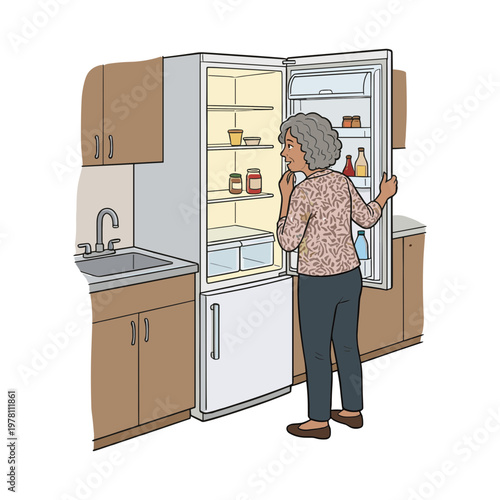 Elderly woman opening refrigerator in modern kitchen at home