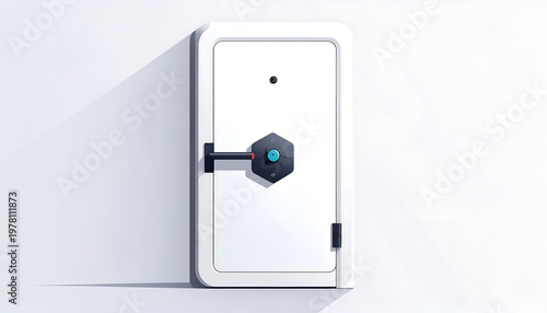 White safe with a hexagonal dial and a blue button cartoon style illustration
